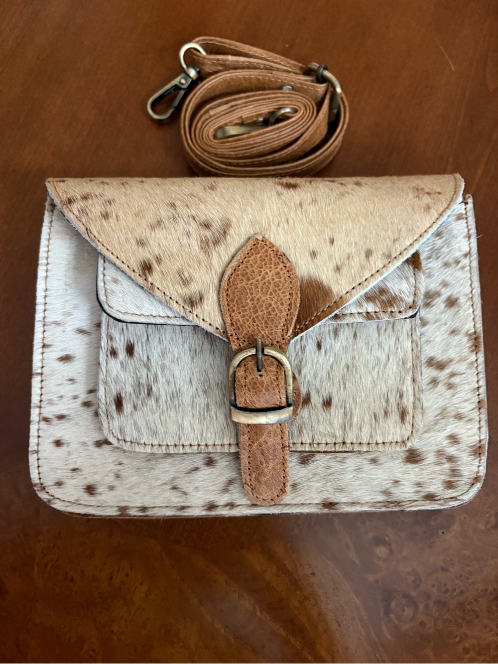 Buckle Tan and White Speckled Hair-on-Hide Crossbody Bag